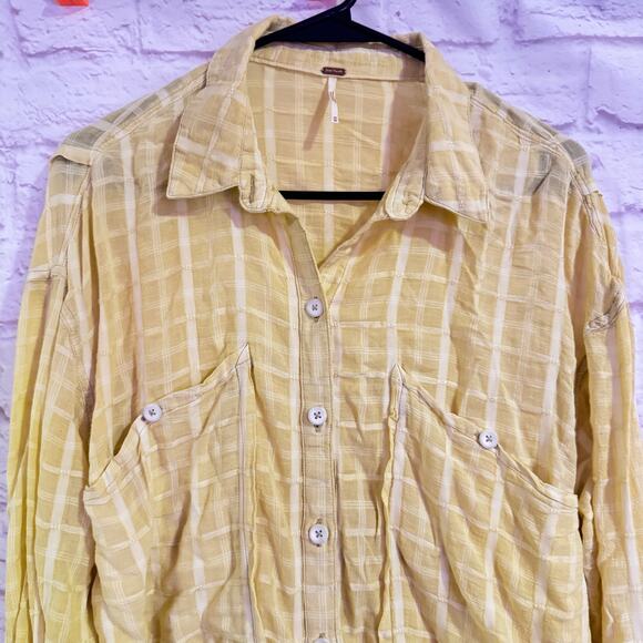 Free People Yellow and off white button up blouse Sz M BOHO - Picture 2 of 6